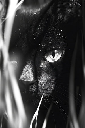 Black and white photo of a black cat from behind the grass. Vertical background with a cat. Wallpaper for smartphone.の素材