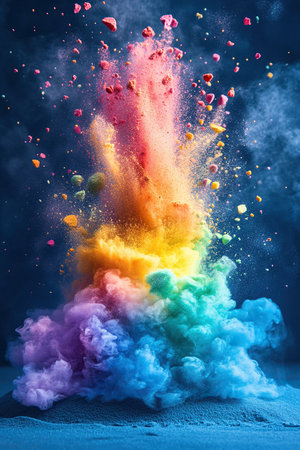 Colorful explosion of multicolored sand and dust on blue background. Colored sand flying on blue background.の素材