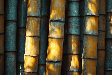 Wall or fence made of dried bamboo trunks. Bamboo background. Banner background.の素材