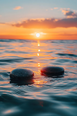 Smooth round stones on the sea water in the rays of a magnificent sunset. Vertical backgroundの素材