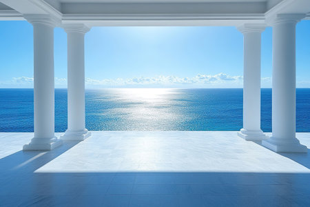 Architectural design with minimalist structure and columns overlooking the vast, calm ocean. Clean lines and open space evoke a sense of calm and infinity.の素材