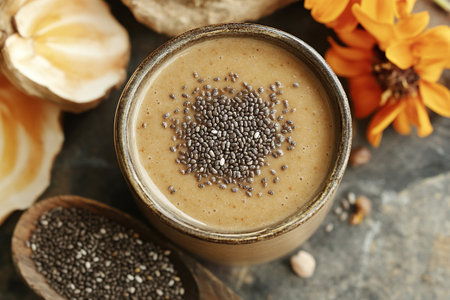 Homemade smoothie with chia seeds in a glass, top view.の素材