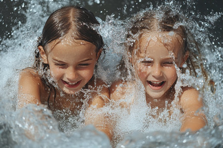 Close-up of two little girls laughing in splashing water.の素材
