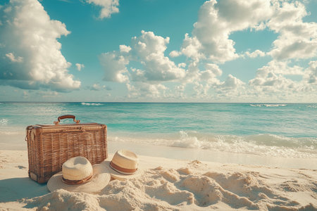 Summer banner with straw hats and suitcase lying on white sand by the sea. Summer vacationの素材