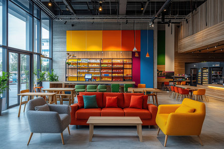 Modern interior design of a cafe with bright furniture and wooden tables in a shopping center. Interior design department in a construction hypermarketの素材