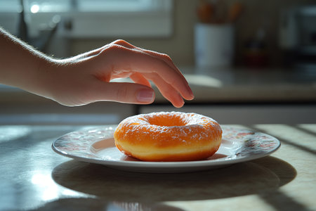 A woman's hand reaches for an appetizing donut on a plate. Diet concept. The hand hovered over the donut.の素材