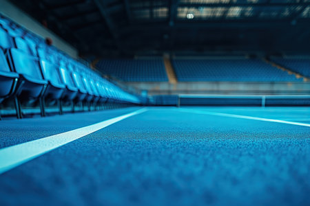 A close-up shot of a tennis court floor. Modern tennis court with empty rows of seats in empty stadiumの素材