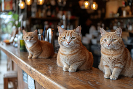 Ginger cats sit on a wooden bar counter of a street cafe.の素材