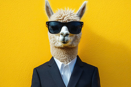 Alpaca in business suit and sunglasses on yellow backgroundの素材