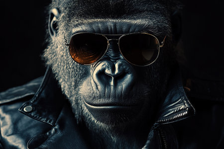 Portrait of a cool gorilla in a black leather jacket and dark glassesの素材