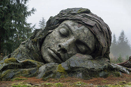 Stone sculpture of a sleeping girl in the forest. Mother nature lay down to restの素材