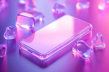 Mockup of phone made of transparent material. Infographics website design application for business. New smartphone template.の素材