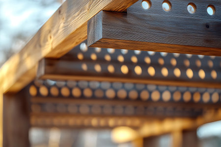 Close-up of wooden beams connected to each other. Wooden structure. The beams are positioned parallel, enhancing their dimensional structure.の素材
