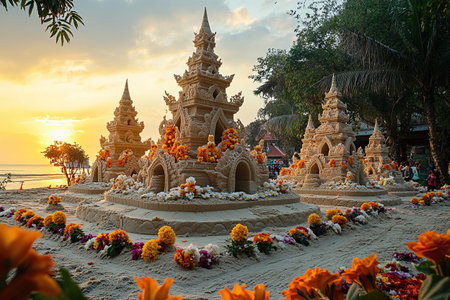 Beautiful sand pagodas decorated with flowers on the beach during Wan Lai or Songkranの素材
