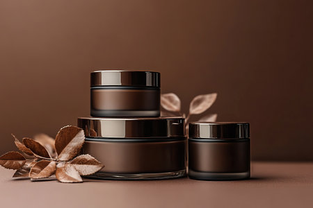 Bottles and jars for cream and lotion on a warm brown Mocha Mousse background, mockupの素材
