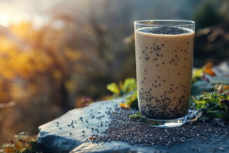 Chia seed smoothie in glass on stone with blurred nature background and space for text. Healthy eatingの素材