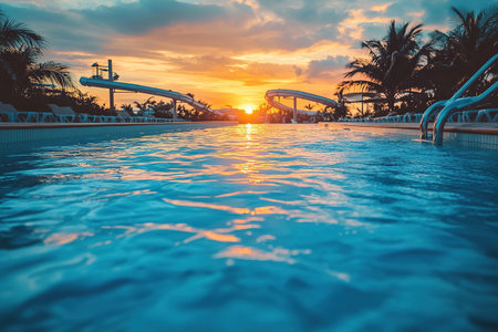 Close-up shot of a swimming pool in the evening in summer at a luxury hotel with a water park and palm trees.の素材