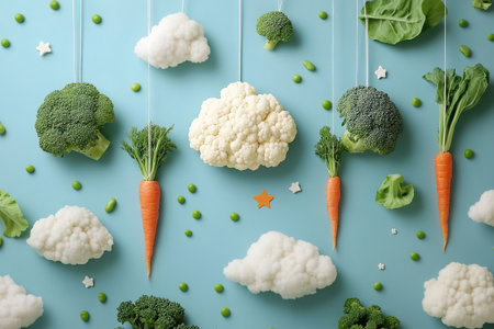Broccoli, carrots and cauliflower are hanging on ropes in the sky. Vegetable concept. Design of posterの素材