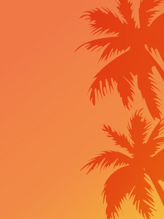Vector vertical orange background with palm leaves silhouette and place for text.のイラスト素材