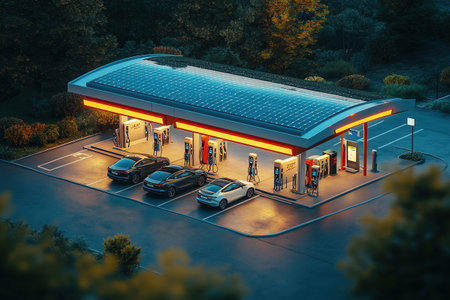 An illuminated electric charging station for electric vehicles on the outskirts of the city in the evening. Green energy.の素材