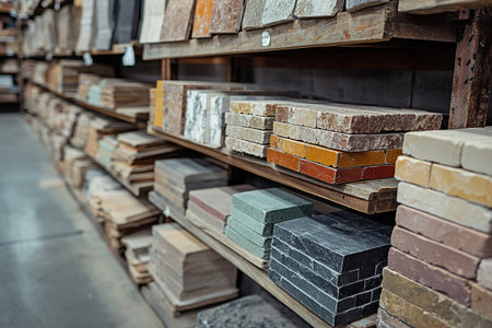 shelves of a rack with tile samples in a hardware storeの素材