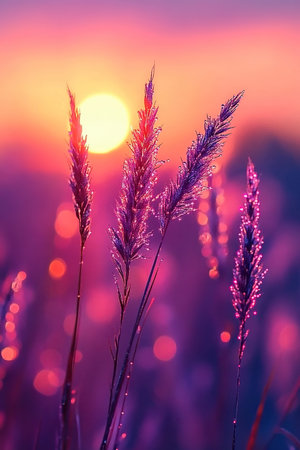 A purple sunset or sunrise in a field illuminates plants in dew. Dew glitters on the grass in the field in the rays of dawnの素材