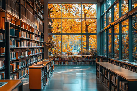 An atmospheric room with high shelves filled with books and panoramic windows overlooking the autumn park. Library. An atmosphere for reading.の素材
