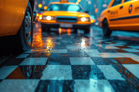 Taxi cars move against a blurred background during rain in the city. A vibrant yellow taxi waits at a city crosswalk on a rainy night.の素材