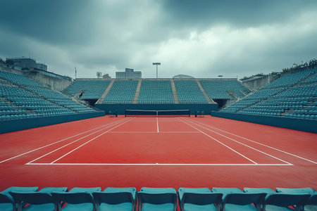 Aged tennis court at an outdoor stadium on a cloudy day. Empty sports stadium. Empty tennis court under cloudy skyの素材