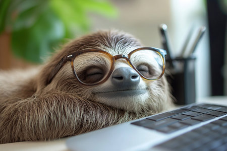 A sloth with glasses sleeps sweetly on a desk with a keyboard in an office. The concept of office workers. Overtime work.の素材