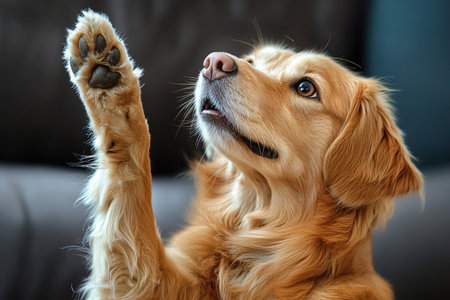 Golden retriever raises paw in the air against blurred background.の素材