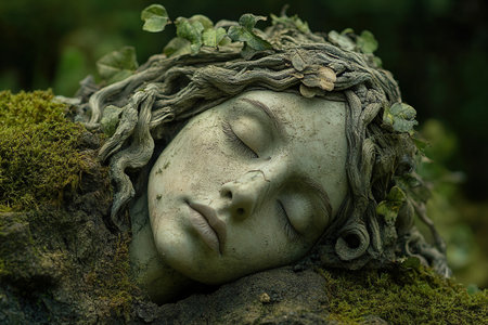 The earth in the form of a young woman rests in the forest thicket. Stone sculpture of a sleeping girl in the forest.の素材