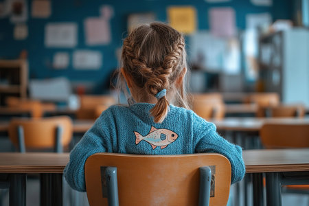 An elementary school student sits at a desk in an empty classroom.の素材