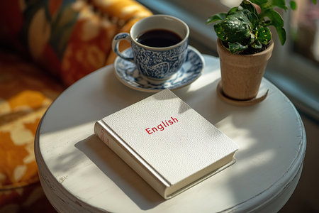 White cover of new book with red inscription "English" on white table, top view. Concept of learning Englishの素材