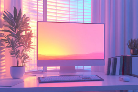 Workplace with monitor on table in home interior in neon sunset light. . Minimalistic style. Night scene. Work desk with monitor, keyboard and mouse.の素材