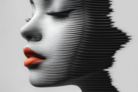 Art portrait of a young woman with red lipstick on her lips on a black and white background.の素材