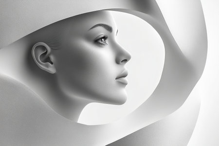 Portrait of a young attractive woman in white and gray tones. Art photo.の素材