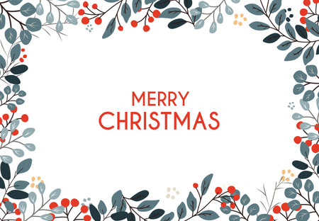 Flat postcard with a frame of branches and rowan with the inscription Merry Christmas. Vectorのイラスト素材