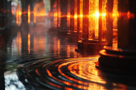 Abstract background with circles on water near large marble columns with sunbeams between them. Play of light and water.の素材