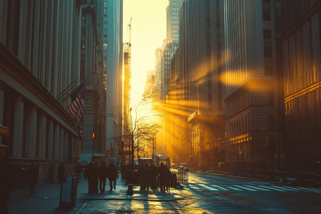 City street with people and tall buildings with the US flag on a pole in the wall in the rays of the sunset.の素材
