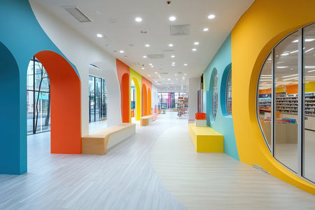 interior of a shopping mall with bright colorful arches and white floor. Stylish interior of non-residential premises.の素材