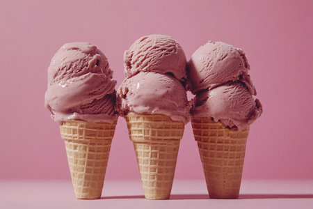 Three delicious ice creams in waffle cones on the table on a pink background. Minimalistic style.の素材