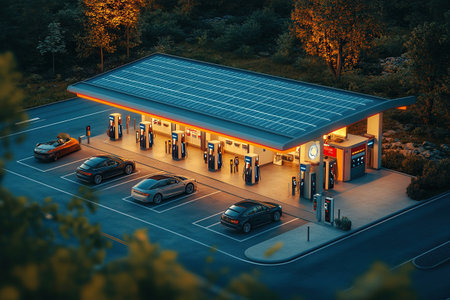 Aerial view of an electric vehicle charging station. Electric vehicle charging station with neon lighting. Electric vehicles in the parking lot.の素材