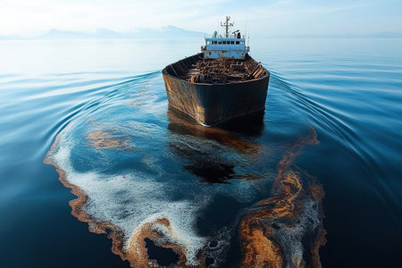 A rusty barge floats out to sea, leaving a dirty trail on the surface of the water. The blue sky and calm sea create a peaceful atmosphere, contrasting with the industrial appearance of the barge.の素材