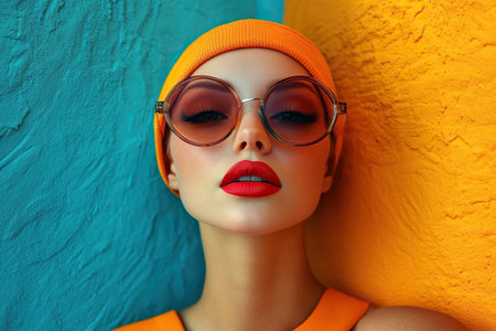 High fashion and urban glamour. Portrait of a young, beautiful woman with bright accessories posing near a bright wall. Concept of youth, beauty, fashion, style and modern lifestyle.の素材
