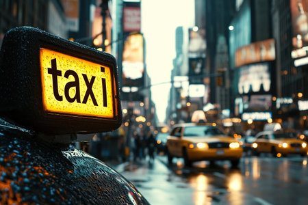 Glowing taxi sign in the rain against a blurred city background. Taxi cars move against a blurred background during rain in the city.の素材