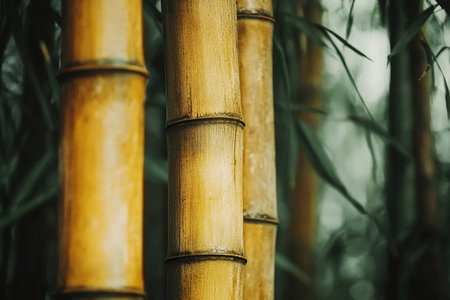 Close-up of bamboo tree trunks against a blurred background. Banner background.の素材