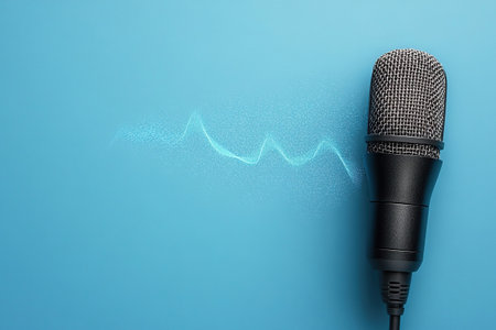 Sound wave coming from microphone. Black microphone with silver mesh head on the right on blue background with shimmering particles.の素材
