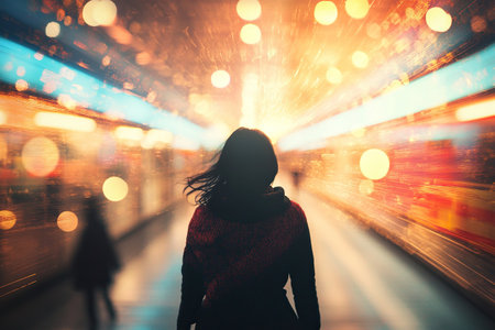 Silhouette of a walking woman with bright glowing lines of night traffic and golden bokeh. Light stripes on a city street with a view of a night metropolis.の素材