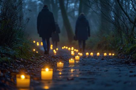 Silhouettes of people walking through the forest at night by the light of candles standing on the path. Halloween, the holiday of the dead.の素材